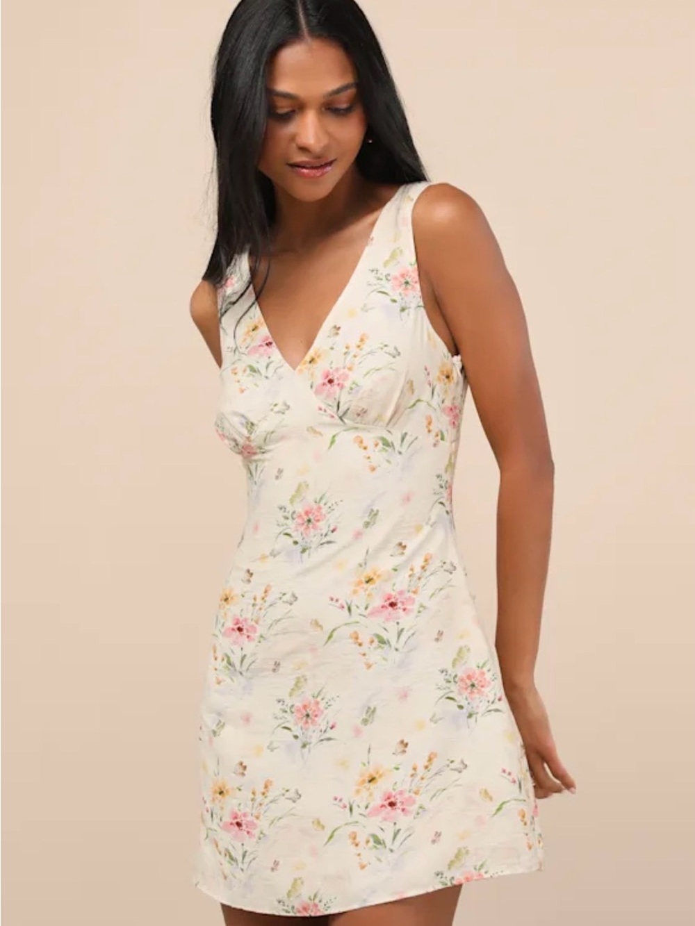 Lulu's Cream Floral V-Neck Chemise with Pink and Yellow Bouquet